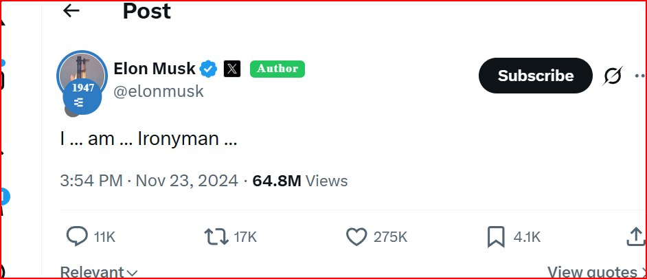 Elon 'I…am…Ironyman…' tweet — 64.8M views